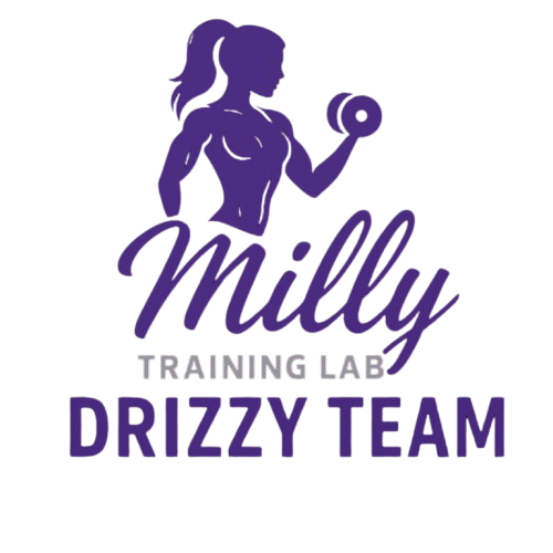 Milly Training Lab Drizzy Team: logo con silhouette viola di donna che solleva un peso